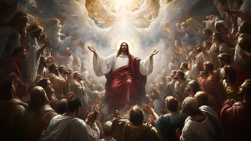 Central robed figure ascends amid luminous crowd of followers