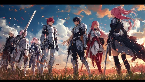 Sunset oath of armored heroes beneath burning petal skies.