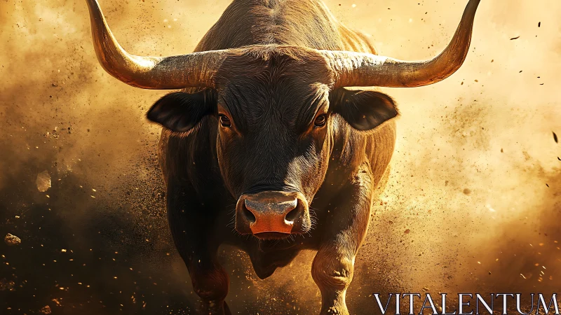 Dynamic frontal bull charge in dust cloud, ultra detailed lighting.