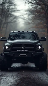 Lifted matte-black off-road pickup in misty forest alignment.