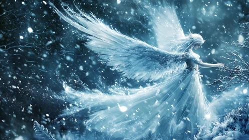 Gentle winter angel drifting through a glittering snowfall.