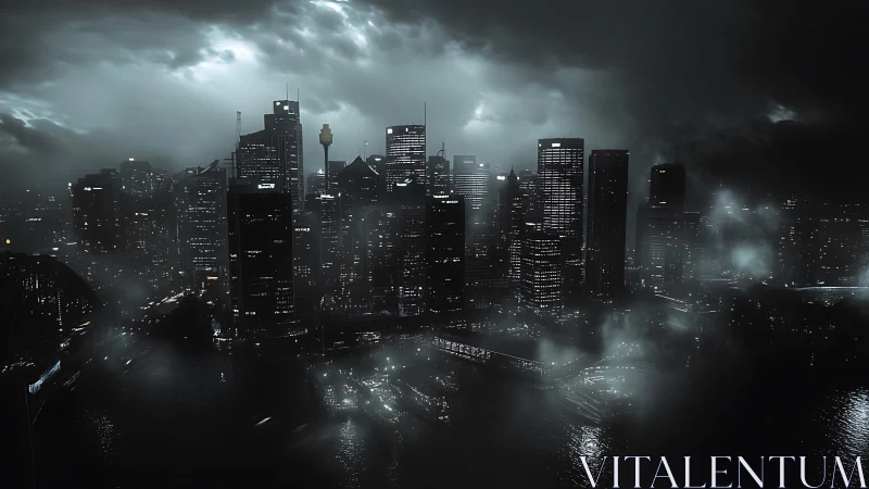 Moody night skyline glows gently through mist and storm clouds