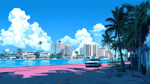 Coastal boulevard with retro car rendered in bold cel shading