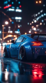 Low-slung blue sports car glows on neon-soaked city streets