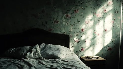 Soft morning light drifts across a quiet floral bedroom wall