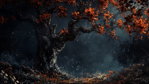 Twisted autumn tree under moody forest moonlight.