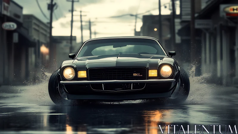 Muscle car slashes through rain-soaked streets at dusk