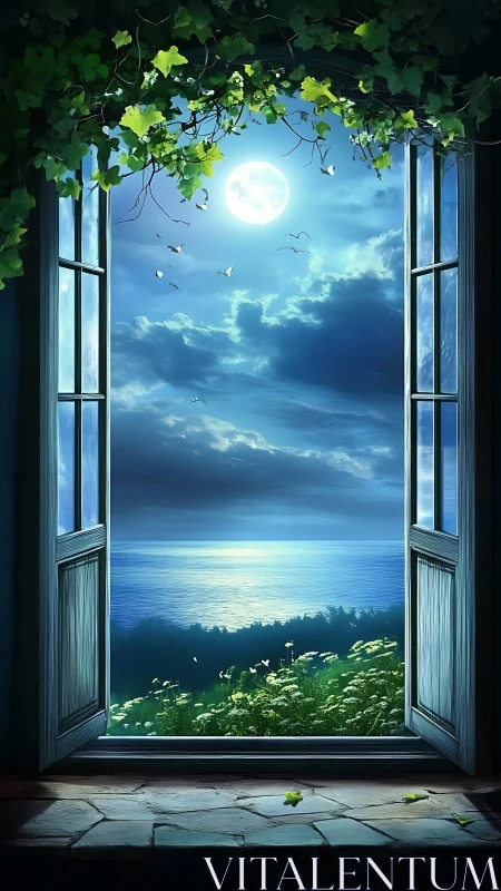 Moonlit seascape framed by open window and dense ivy canopy