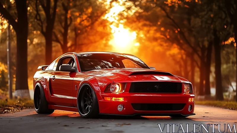 Red sports coupe is parked on a tree-lined road at sunset