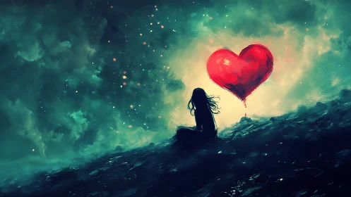 Silhouetted figure observes large red heart suspended in atmospheric landscape.