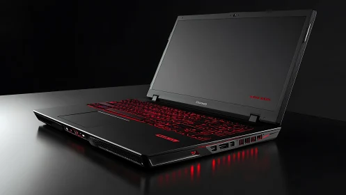 Night-ops gaming laptop glowing with crimson digital embers.