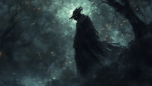 Solitary cloaked figure in dark wooded environment at night.