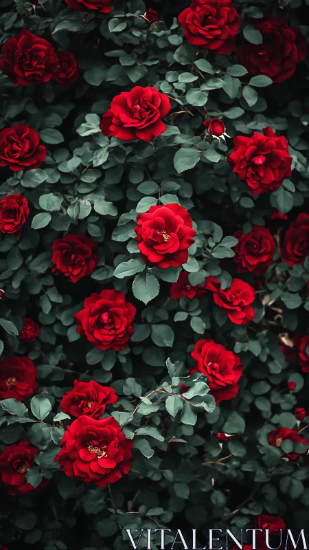 Densely Layered Red Rose Garden with Deep Green Foliage Structure.