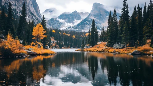 Mountain lake with conifer forest and autumn foliage reflection.