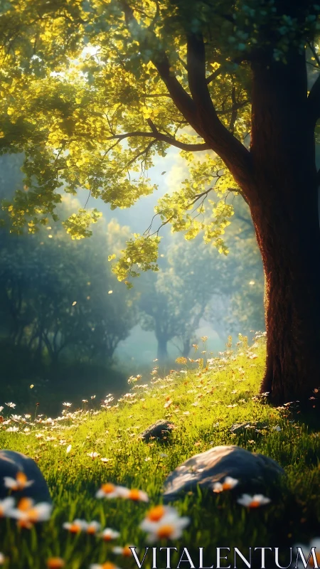 Sunlit tree stands over grassy slope with scattered wildflowers
