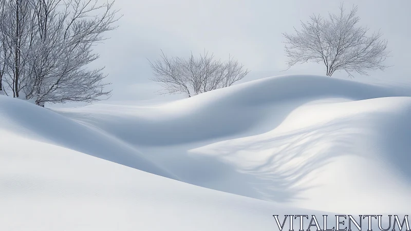 Leafless trees across smooth winter snow-covered dunes.