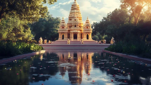 Golden temple reflected in calm garden water at sunset.
