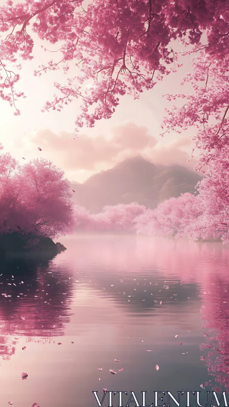 Blush-tinted lake beneath dreamy mountains and drifting petals.