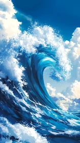 Majestic azure wave curling toward a distant sunlit coast.