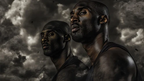 Strong twin portraits stand tall against dramatic storm clouds