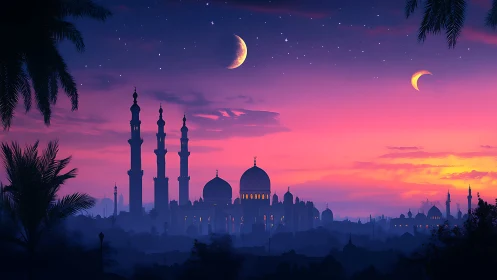 Twin crescent moons over violet desert mosque skyline.