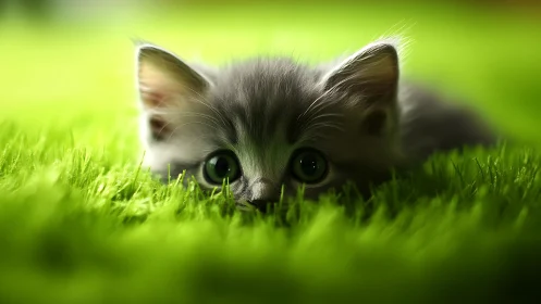 Young gray tabby kitten exploring grass with alert expression.