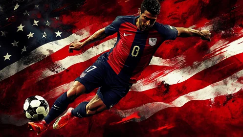 Soccer player in USA kit strikes ball before painted flag
