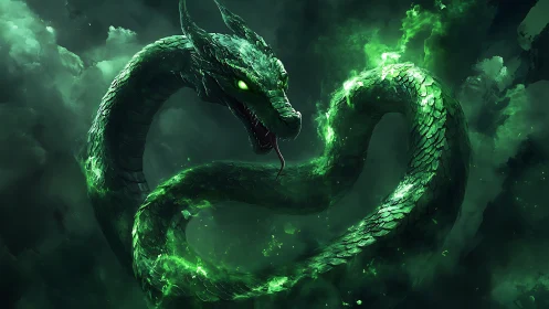 Emerald dragon serpent coils through glowing storm clouds