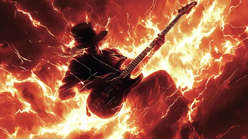 Musician Shredding Guitar Through Fiery Lightning Storm.