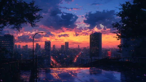 Twilight city boulevard burns beneath storm-kissed clouds.