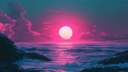 Neon sun over surreal ocean horizon at twilight.