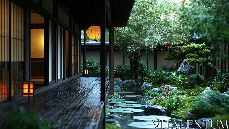 Lantern-lit veranda watching over a whispering zen pond.