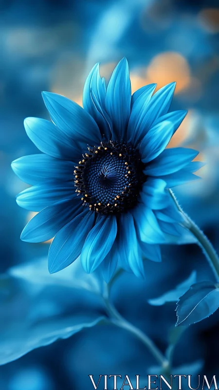 Iridescent blue sunflower close-up in dreamy bokeh glow.