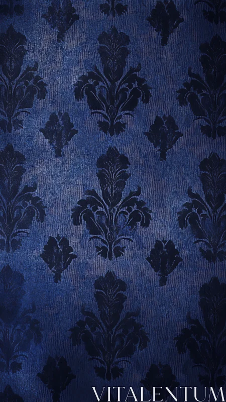 Symmetrical blue damask wallpaper with textured jacquard surface