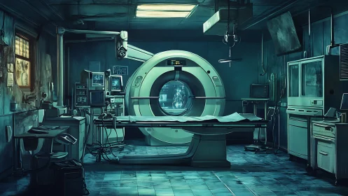 Ghost-lit scanner waits in a forgotten teal hospital theatre