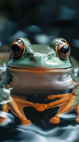 Tree frog portrait shows vivid eyes and wet orange limbs.