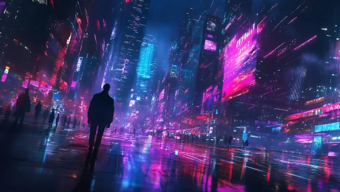 Cyberpunk neon corridor with silhouetted urban wanderer.