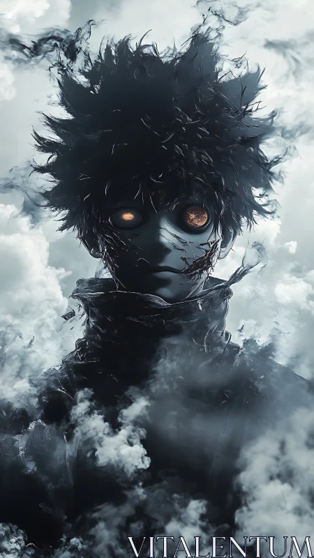 Dark humanoid figure with glowing eyes stands in dense smoke