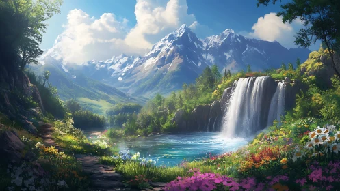 Whispering waterfall cradled by wildflower valley and peaks.