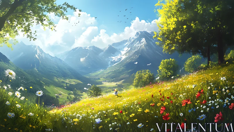 Sunlit meadow daydream under towering whispering peaks.