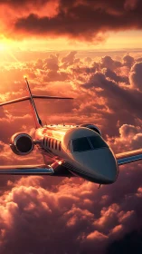 Sunlit jet gliding through glowing sunset clouds above.