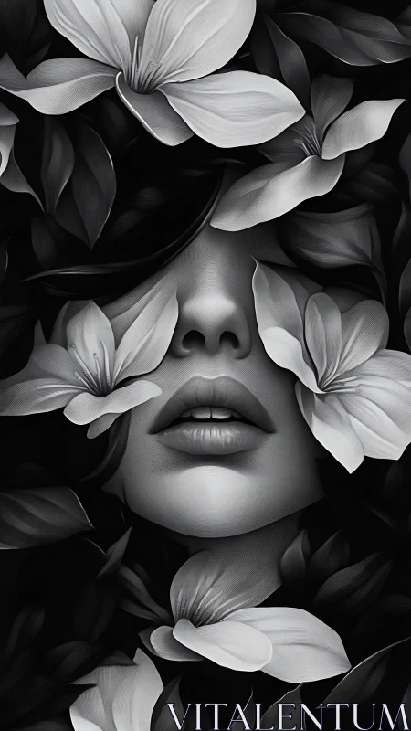 Monochrome female face partially obscured by large flowers.