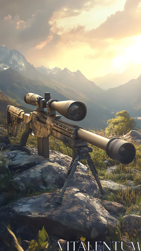 Precision rifle with dual scopes positioned on rocky outcrop against alpine mountain landscape.