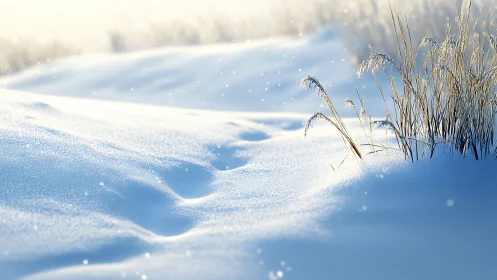 Snow-covered field with dry grasses under soft morning light.