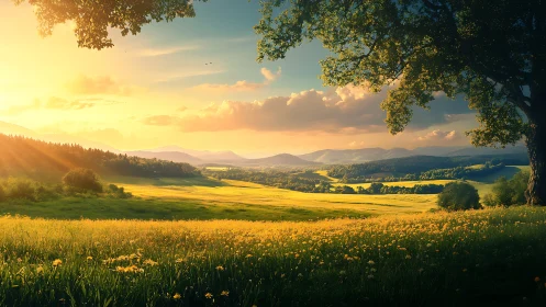 Golden hour meadow panorama with distant rolling mountains