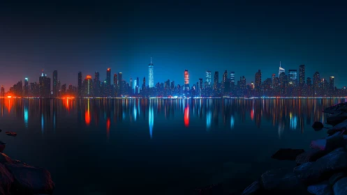 Nocturnal megacity skyline across still harbor waterline