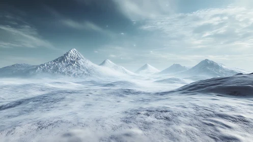 Silent polar mountains under pale winter sky panorama.