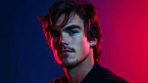 Moody male portrait under blue and magenta split lighting.
