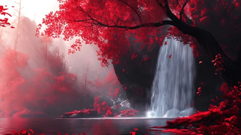 Infrared forest waterfall under high contrast spectral lighting.