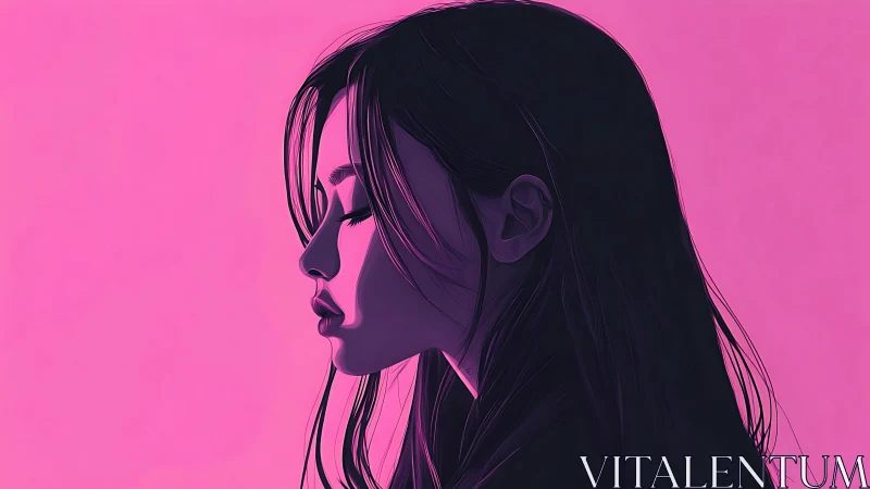 Profile portrait shows stylized woman against pink background